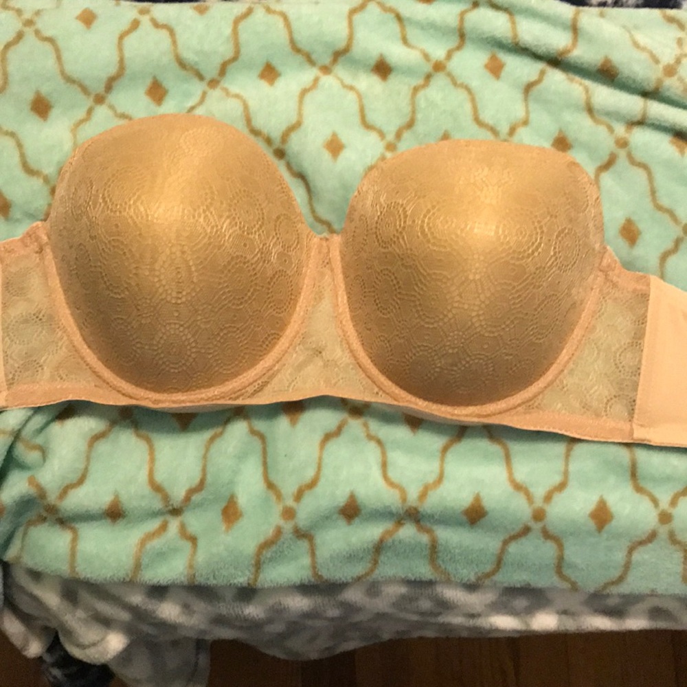 Tan lace strapless bra